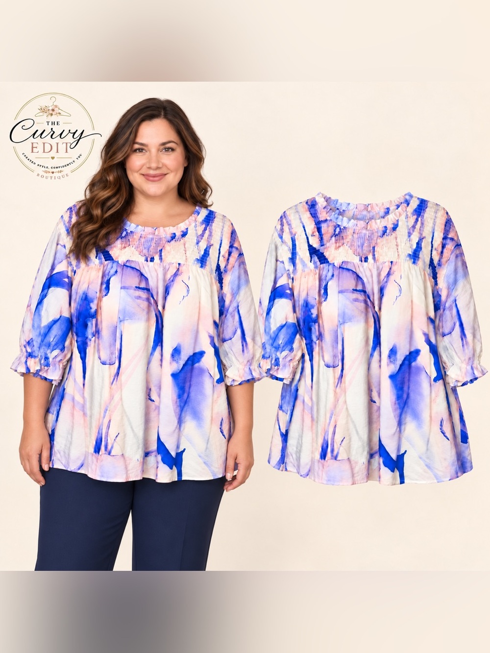 NWT Hayden 3XL Watercolor Print Smocked Ruffle Sleeves Feminine Boho Blouse